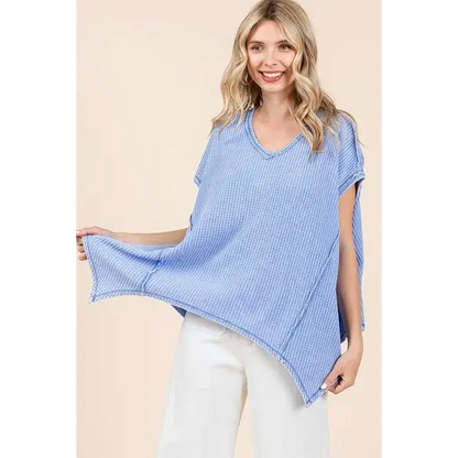 Mineral Wash Waffle Knit Pointed Hem Oversized Top.