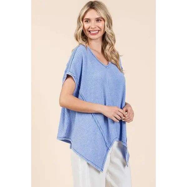Mineral Wash Waffle Knit Pointed Hem Oversized Top.