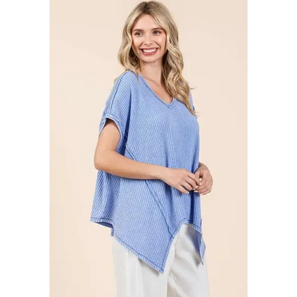 Mineral Wash Waffle Knit Pointed Hem Oversized Top.