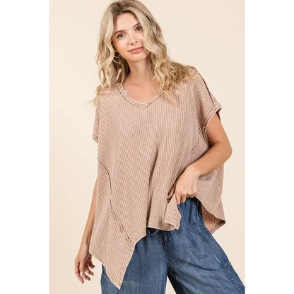 Mineral Wash Waffle Knit Pointed Hem Oversized Top.