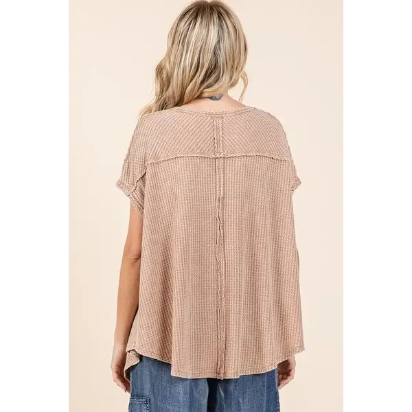 Mineral Wash Waffle Knit Pointed Hem Oversized Top.
