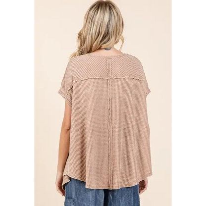 Mineral Wash Waffle Knit Pointed Hem Oversized Top.