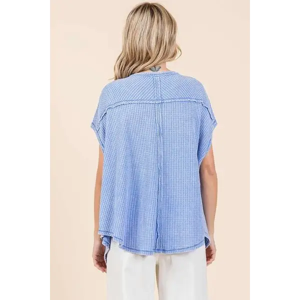 Mineral Wash Waffle Knit Pointed Hem Oversized Top.