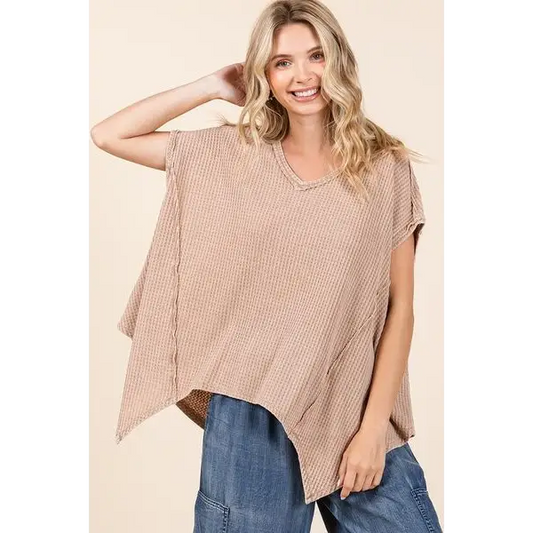 Mineral Wash Waffle Knit Pointed Hem Oversized Top.
