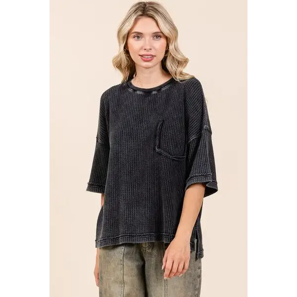 Mineral Wash Waffle Knit Short Sleeve Top.