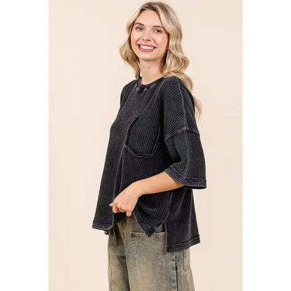 Mineral Wash Waffle Knit Short Sleeve Top.