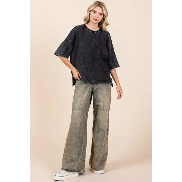 Mineral Wash Waffle Knit Short Sleeve Top.