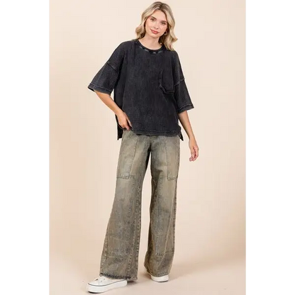 Mineral Wash Waffle Knit Short Sleeve Top.