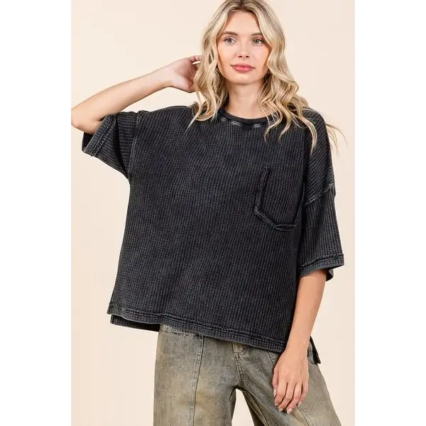 Mineral Wash Waffle Knit Short Sleeve Top.