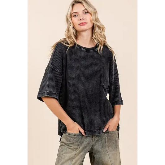 Mineral Wash Waffle Knit Short Sleeve Top.