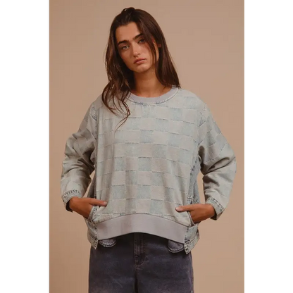 Mineral Washed Checkered Round Neck Denim Top.