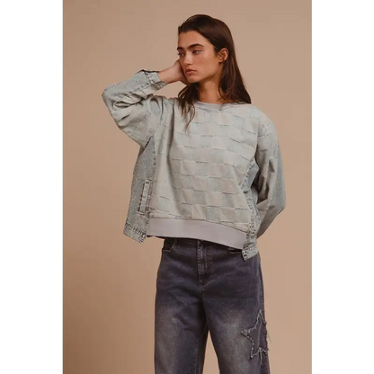 Mineral Washed Checkered Round Neck Denim Top.