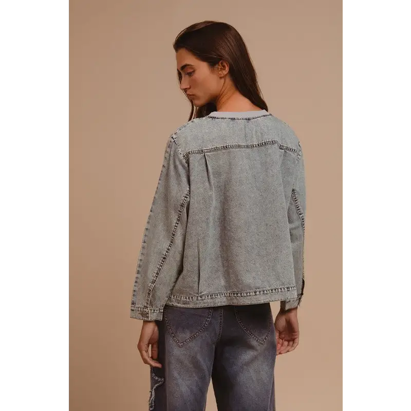 Mineral Washed Checkered Round Neck Denim Top.