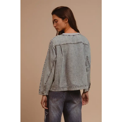 Mineral Washed Checkered Round Neck Denim Top.