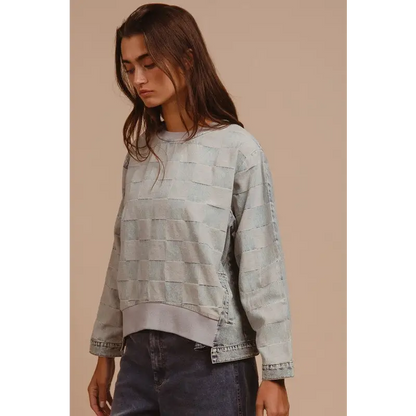 Mineral Washed Checkered Round Neck Denim Top.