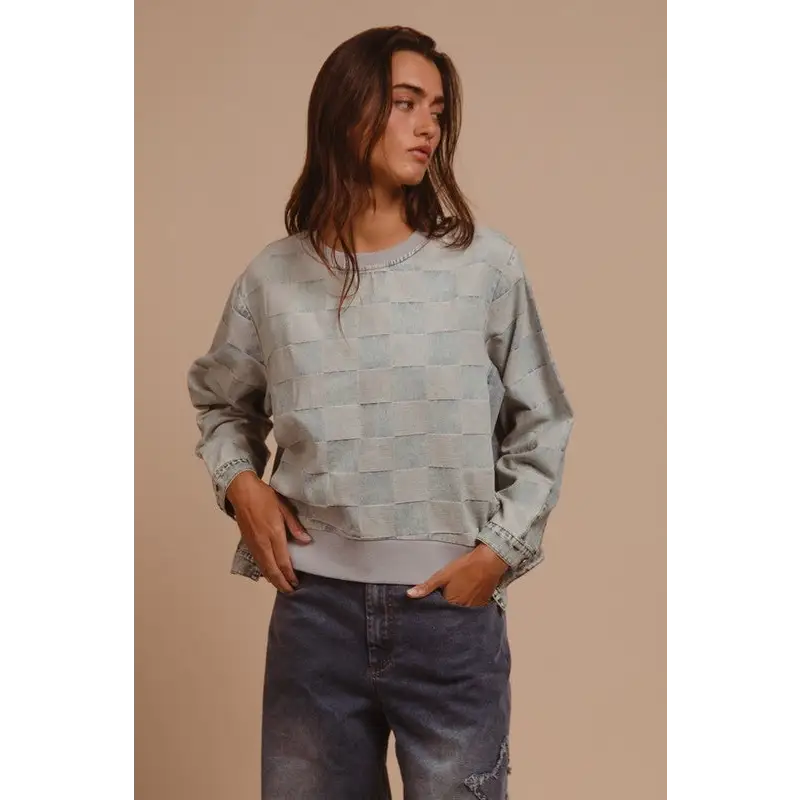 Mineral Washed Checkered Round Neck Denim Top.