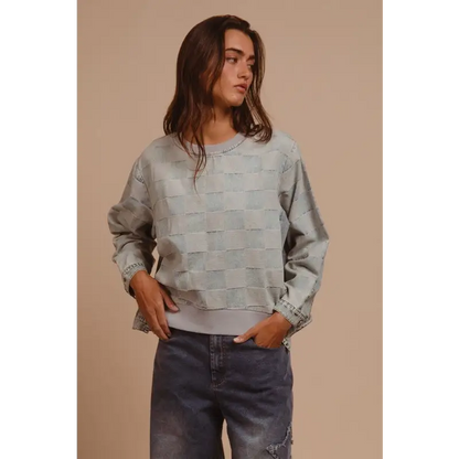 Mineral Washed Checkered Round Neck Denim Top.