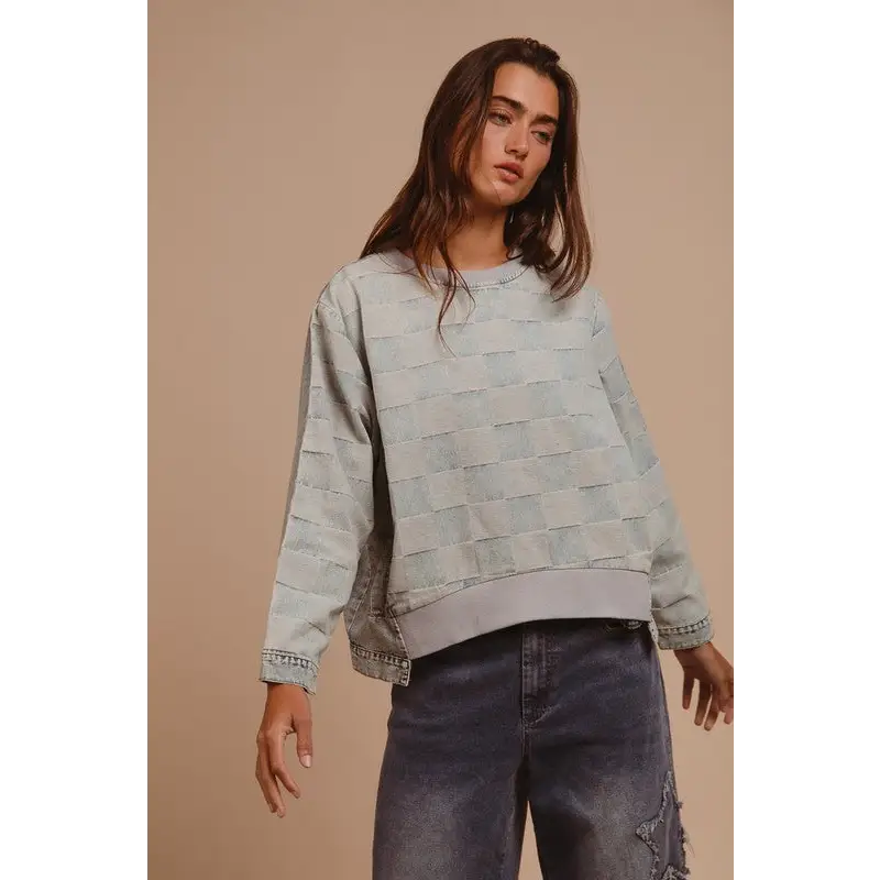Mineral Washed Checkered Round Neck Denim Top.