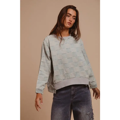 Mineral Washed Checkered Round Neck Denim Top.