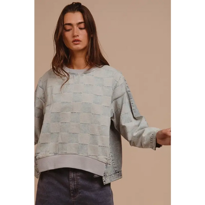 Mineral Washed Checkered Round Neck Denim Top.