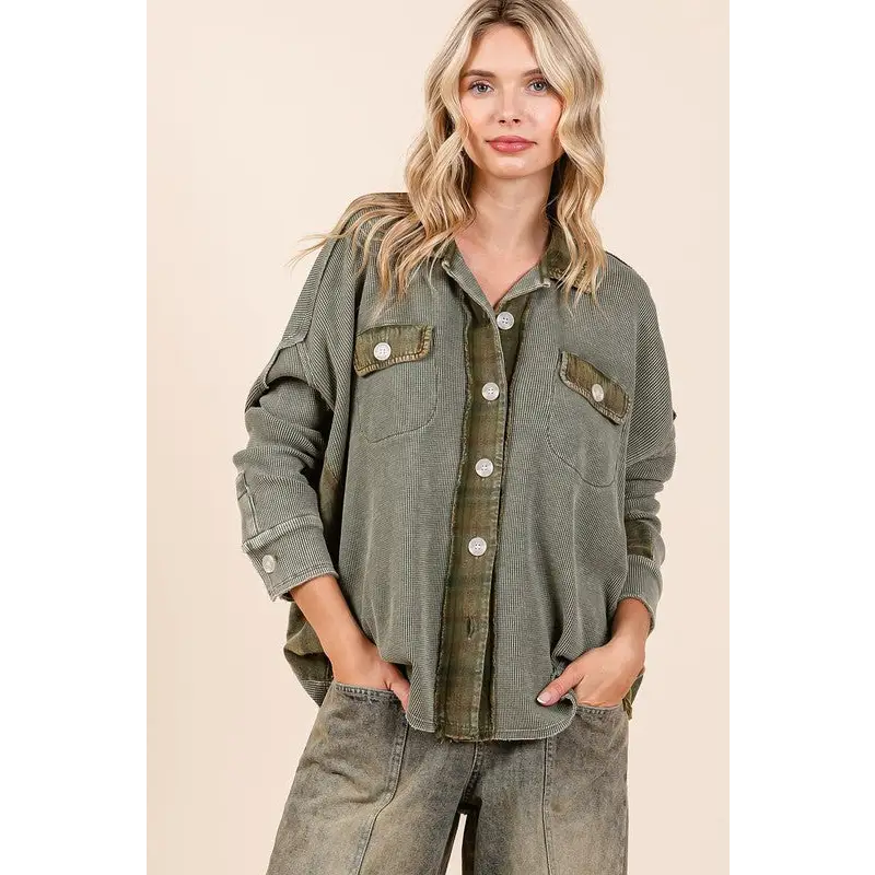 Mineral Washed Plaid Button Down Shacket.