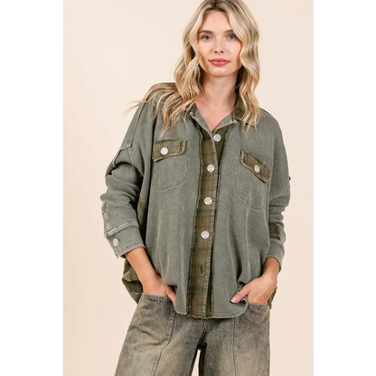 Mineral Washed Plaid Button Down Shacket.