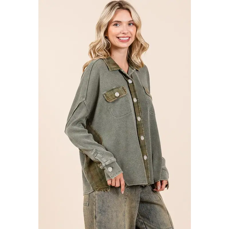 Mineral Washed Plaid Button Down Shacket.