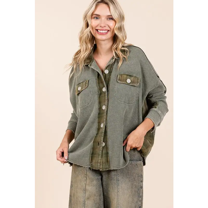 Mineral Washed Plaid Button Down Shacket.