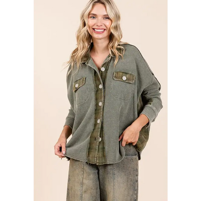 Mineral Washed Plaid Button Down Shacket.