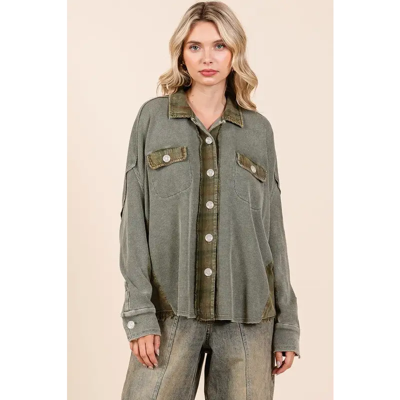Mineral Washed Plaid Button Down Shacket.