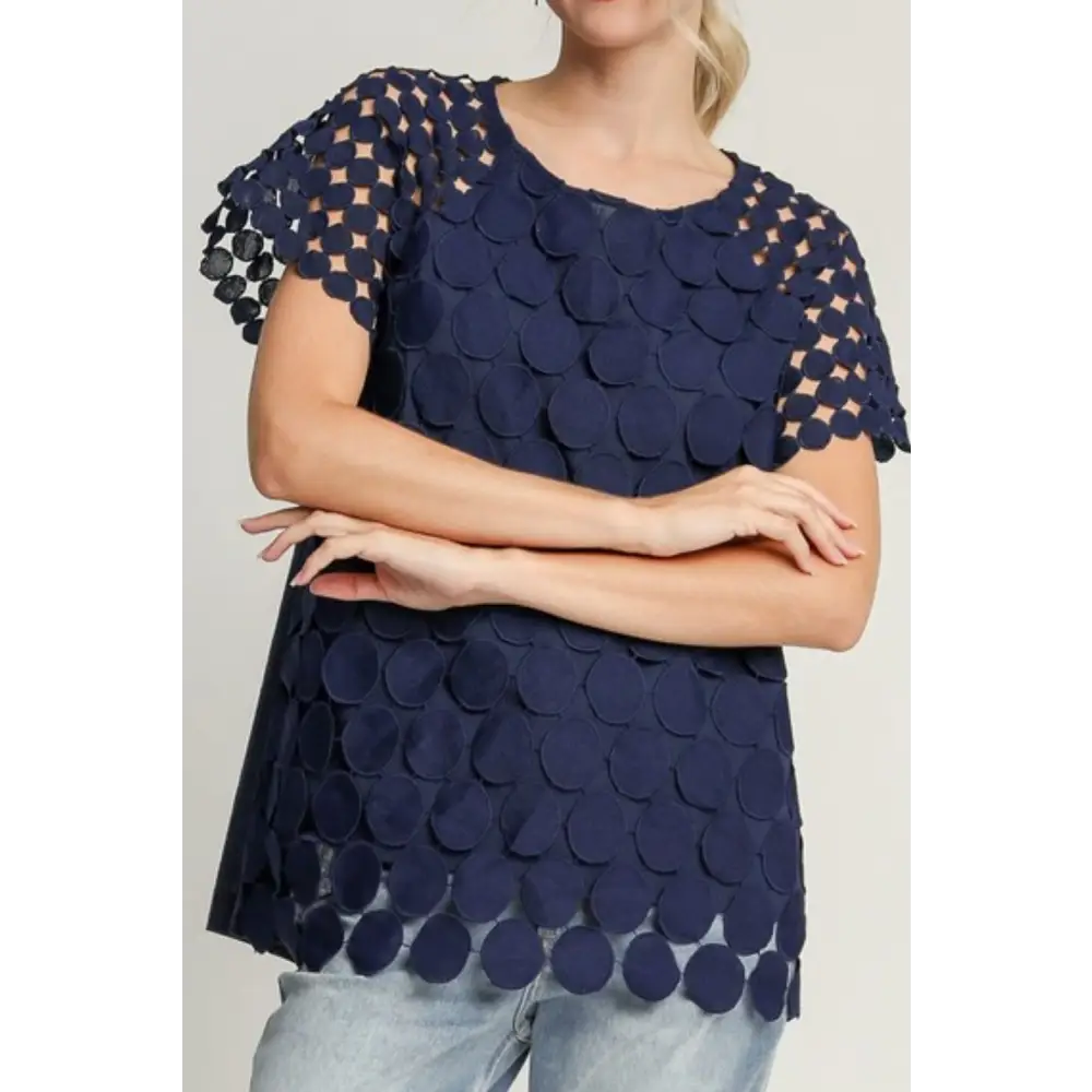 Mixed Polka Dot Lace Raglan Sleeve Boxy Cut Top.