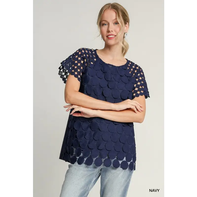 Mixed Polka Dot Lace Raglan Sleeve Boxy Cut Top.
