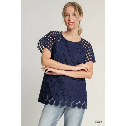 Mixed Polka Dot Lace Raglan Sleeve Boxy Cut Top.