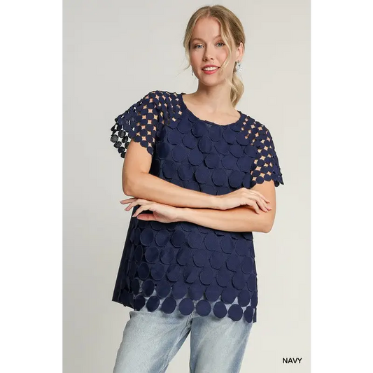 Mixed Polka Dot Lace Raglan Sleeve Boxy Cut Top.
