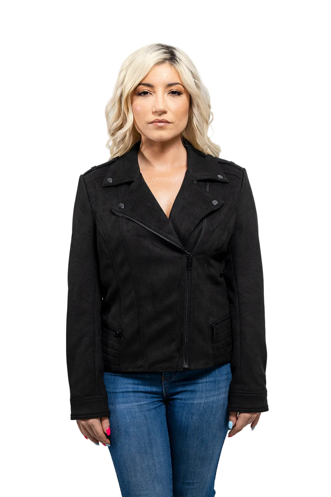 Woman wearing a black jacket and blue jeans against a gray background