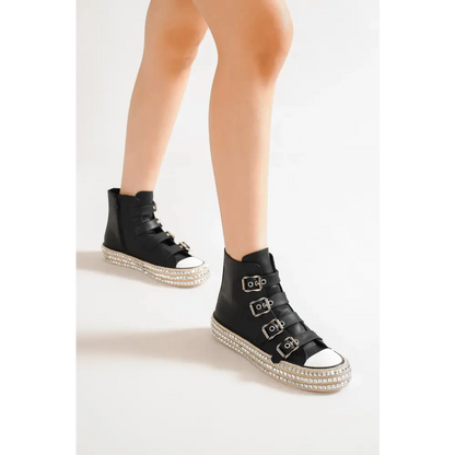 Multi-Buckle Straps Studded Platform Sneakers.