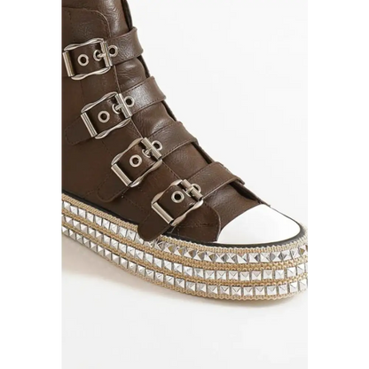 Multi-Buckle Straps Studded Platform Sneakers.