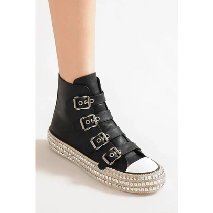 Multi-Buckle Straps Studded Platform Sneakers.