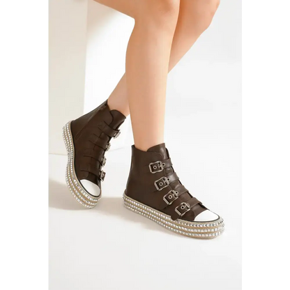 Multi-Buckle Straps Studded Platform Sneakers.