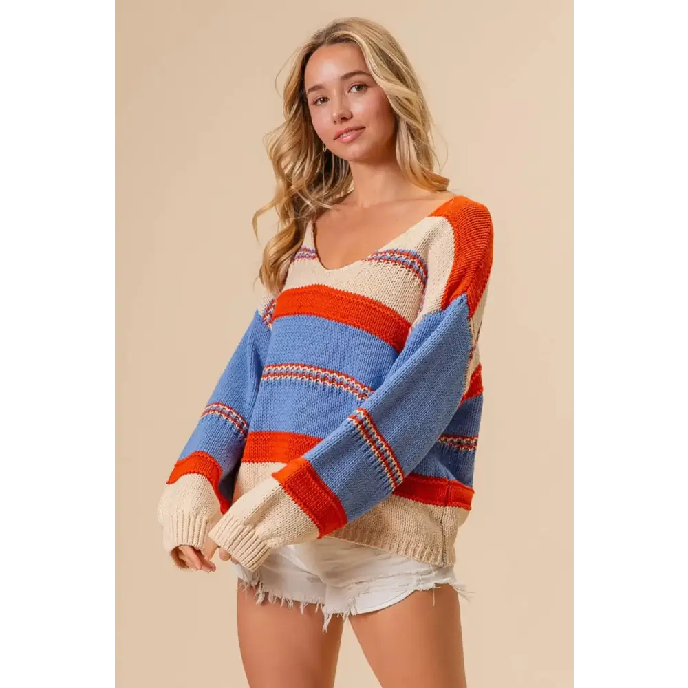 Multi Color Stripe Scoop Neck Sweater.