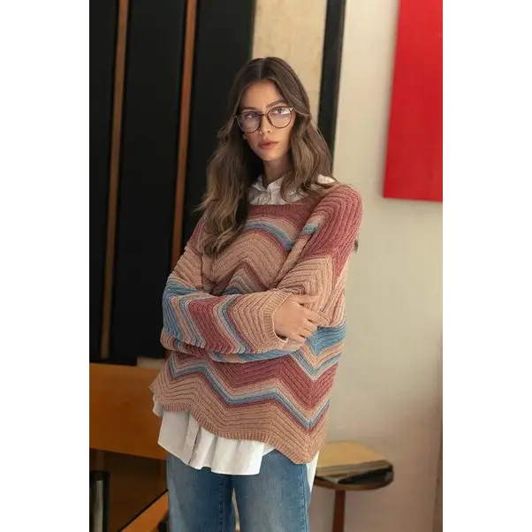 Multi Color Zig-Zag Round Neck Sweater.