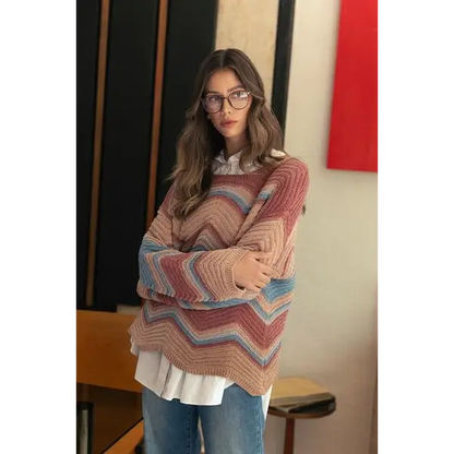 Multi Color Zig-Zag Round Neck Sweater.
