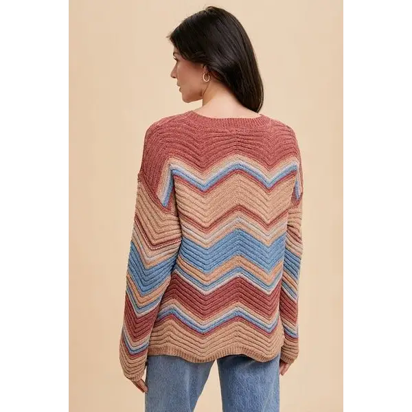 Multi Color Zig-Zag Round Neck Sweater.