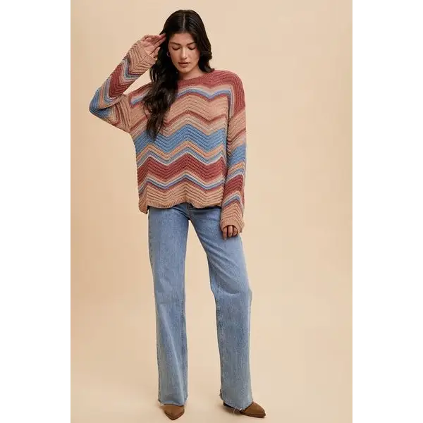 Multi Color Zig-Zag Round Neck Sweater.