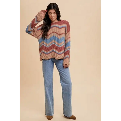 Multi Color Zig-Zag Round Neck Sweater.