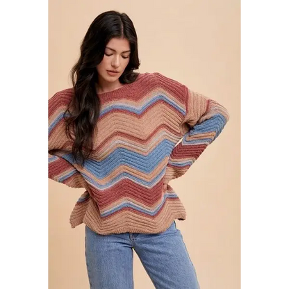 Multi Color Zig-Zag Round Neck Sweater.