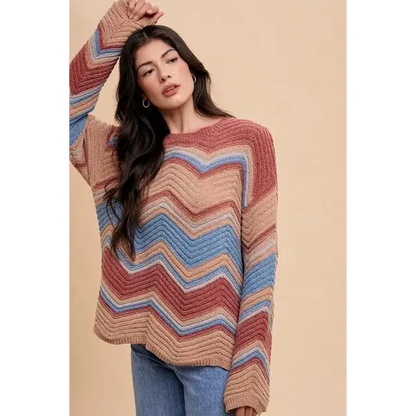 Multi Color Zig-Zag Round Neck Sweater.