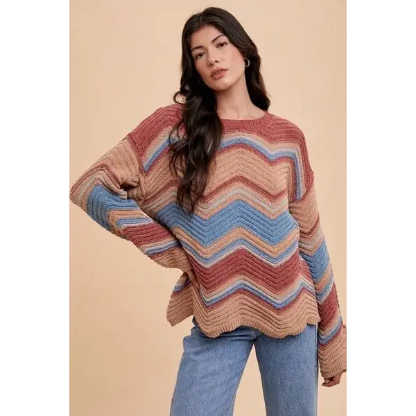 Multi Color Zig-Zag Round Neck Sweater.