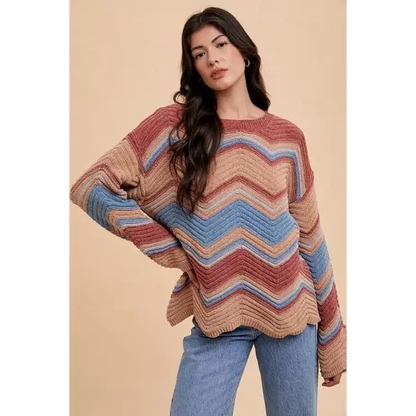 Multi Color Zig-Zag Round Neck Sweater.