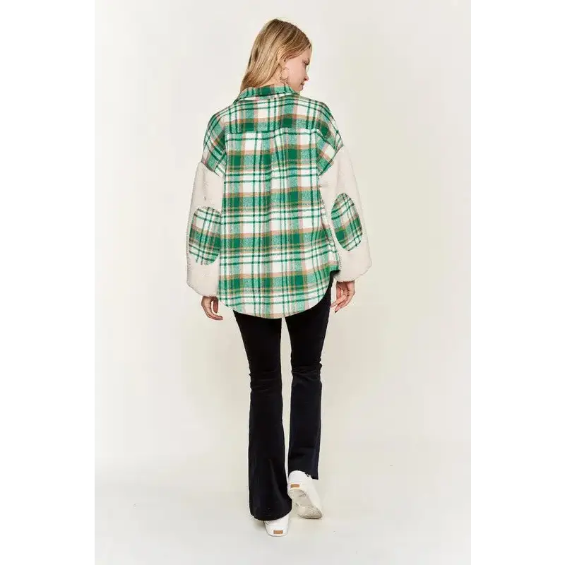 Multi Plaid Fuzzy Sleeve Jacket.